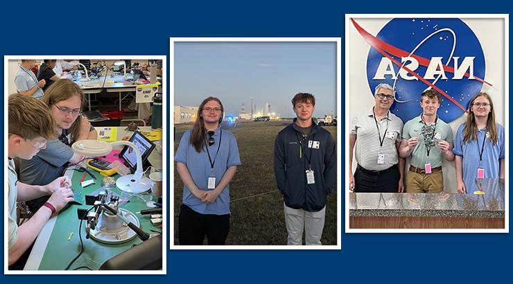 三张图片的拼贴图：在左边, Brent Mitchell stands with 学生 Austin Harp and Logan Black in front of the NASA sign; in the middle, Harp and Black stand facing the camera in the foreground with the rocket launch in the background; on the right, Harp和Black坐在一张桌子旁，桌上放着一些电子工程工具，比如电路板和万用表